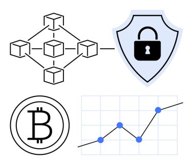 Blockchain yapısı, Bitcoin simgesi, kilitlenmiş ve yukarı doğru grafikle korunan kalkan. Kripto para birimi, engelleme zinciri teknolojisi, finansal güvenlik, dijital yatırımlar, fintech veri şifrelemesi soyut