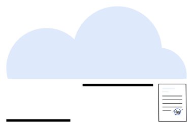Büyük açık mavi bulut, imza simgesinin yer aldığı dijital bir belgeyle eşleştirildi. Bulut hizmetleri, dijital sözleşme imzalama, veri depolama, dosya güvenliği, çevrimiçi araçlar, iş otomasyonu için ideal