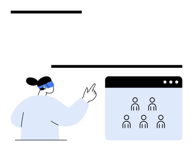 Individual wearing a VR headset interacts with a browser-thumbs up interface showing user avatars. Ideal for technology, VR innovation, online collaboration, education, digital networking, remote clipart