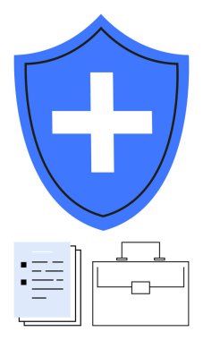 Korunmak için haçlı mavi kalkan, istiflenmiş belgeler ve sağlık, sigorta, iş güvenliği veya profesyonelliği temsil eden bir evrak çantası. Sağlık, sigorta, iş güvenliği verileri için ideal