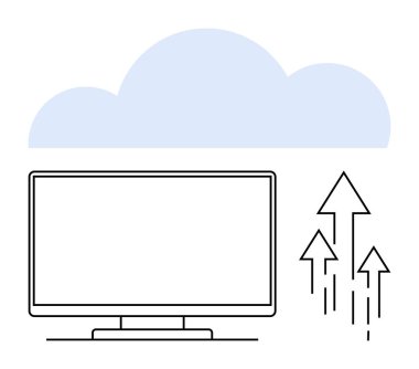 Bilgisayar monitörü büyük mavi bir bulutun altında, yukarı bakan oklar veri yüklemesini gösteriyor. Bulut depolama, veri paylaşımı, çevrimiçi işbirliği, teknolojik yenilik, dijital çözümler için ideal