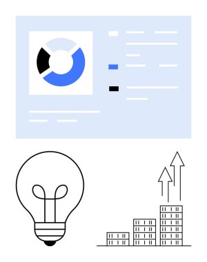 Pasta grafiği, kontrol listesi, ampul ve yukarı bakan oklar veri analizi, yenilik ve büyümeyi temsil ediyor. İş kavramları, analitik, verimlilik yenilik stratejisi için ideal