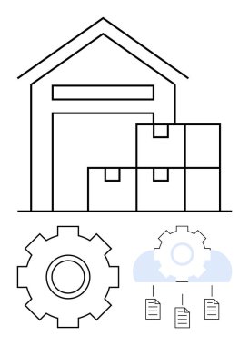 İstiflenmiş kutuları olan depo, işlemleri sembolize eden ekipman ve belgelerle bağlantılı bulut. Lojistik, envanter, tedarik zinciri, dijital depolama, otomasyon, yönetim ve soyut çizgi için ideal