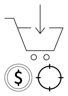 Aşağıya doğru ok atan alışveriş arabası, dolar işareti, hedef kiti. E-ticaret, satış, hedef pazar, fiyatlandırma stratejisi, dijital pazarlama, müşteri edinme ve iş dünyası kavramları için ideal