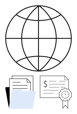 Yukarıdaki dünya sembolü dosyalanmış belgeler, dolar işareti ve sertifika mührü ile sözleşme. Finansal hizmetler, sertifika yetkilileri, belge yönetimi, küresel işletme, uyum için ideal