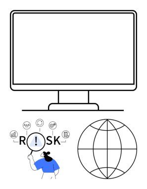 Büyük monitör, RISK ve simgelerin üzerinde büyüteç tutan figür küresel bağlantıyı simgeleyen küre. Ticari risk, siber güvenlik, teknoloji, veri analizi ve küresel strateji için ideal