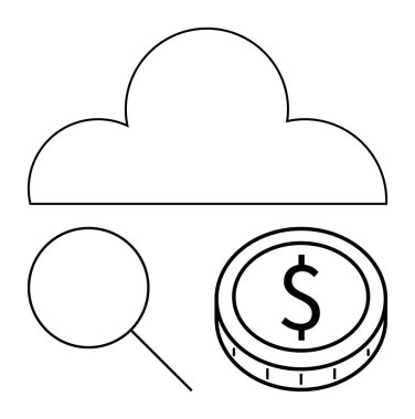 Üzerinde dolar işareti olan büyüteç ve bozuk para bulutu. Bulut depolama, veri analizi, finans, teknoloji eğilimleri, iş büyümesi, dijital ekonomi, soyut çizgi düz metaforu için ideal