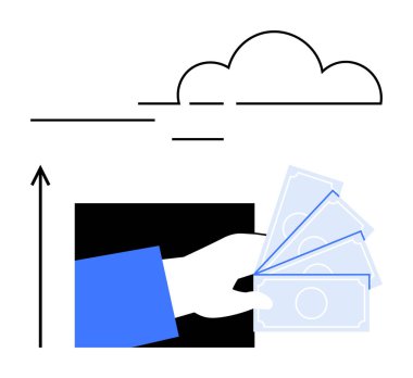 El ele tutuşan para oku büyüme bulutu sembolünü gösteriyor. Finans, büyüme, teknoloji, yatırım, tasarruf, bulut hesaplama, dijital ekonomi için ideal. Satır metaforu