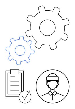 Birbirine kenetlenmiş dişli hatları, işaretli kontrol listesi ve takım çalışmasını, görev organizasyonunu ve verimliliği simgeleyen profesyonel figür. Süreç iyileştirme, işgücü hizalaması ve iş akışı için ideal