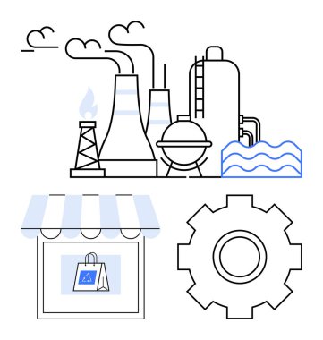 Bacalı sanayi tesisi, alışveriş çantalı mağaza önü, dişli dişli çark. Üretim, sanayi ekonomisi, ticaret, üretim süreçleri, perakende sektörü, düşünme sistemleri için ideal
