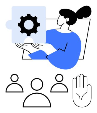 Kadın dişli yapboz parçasını sunuyor, problem çözmeyi ve yeniliği simgeliyor. Grup özetleri ve açık el hareketleriyle takım çalışması, dahil etme ve işbirliği. Liderlik ve yaratıcılık için ideal