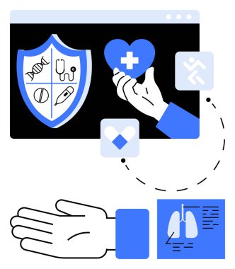 Tıbbi sembollü kalkan, el ele tutuşan kalp, sağlık ikonları, teşhis raporları. Tıbbi uygulamalar, dijital sağlık hizmetleri, çevrimiçi istişareler, sağlık, sağlık hizmetleri teknik teşhisleri için ideal