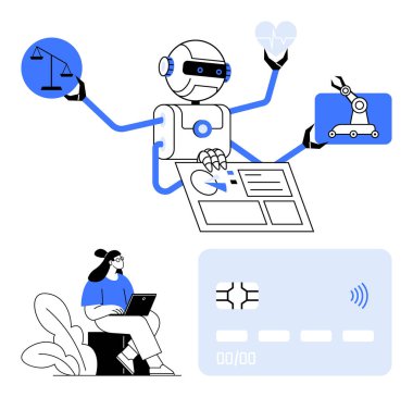 Silah taşıma görevleri yapan yapay zeka robotu denge dengeleri, sağlık izleme, mühendislik araçları ve kredi kartlarını başarıyla tamamladı. Dizüstü bilgisayarda kadın kullanıcı. Yapay zeka, fintech, hukuk, sağlık sistemi otomasyonu için ideal