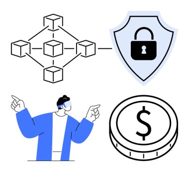 Blockchain ağı, kilitli kalkan, sanal gerçeklik kullanıcısı, şifreli para. Engelleme zinciri, veri güvenliği, kripto para birimi, sanal ortamlar, fintech ademi merkeziyetçi sistemler için ideal