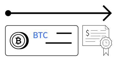 Bitcoin simgesi, finansal sertifika, kripto para işlem sürecini vurgulayan uzun yatay ok. Dijital para birimi, engelleme zinciri, yatırım, güvenlik, sertifika için ideal