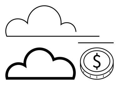 İnce ve kalın çizgilerle özetlenmiş bulutlar bulut çözümlerini, zenginliği ve değeri sembolize eder. Fintech, teknoloji, bulut hesaplama, dijital hizmetler, yenilik ve soyut çizgi için ideal