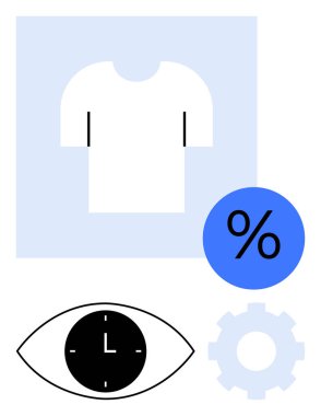 Yüzde sembollü tişört grafiği, göz saati ve verimliliği, e-ticareti ve tasarım kavramlarını ileten dişli öğeleri. Lojistik, markalaşma, perakende, satış zamanı yönetimi üretimi için ideal