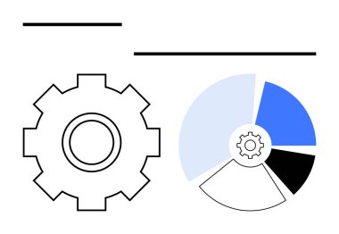 Veri dağılımı ve işlem işlevselliğini gösteren segmentli pasta grafiğinin yanında vites. Konseptler için ideal veri analizi, üretkenlik, iş akışı, verimlilik, işlemler, mühendislik, soyut