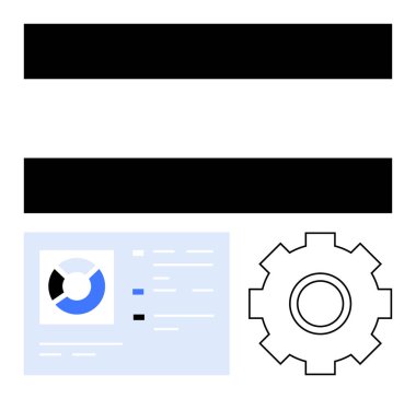 Gear icon beside a data panel with circular analytics chart and text blocks. Ideal for automation, workflow, system integration, operations, analytics, productivity, abstract line flat metaphor clipart