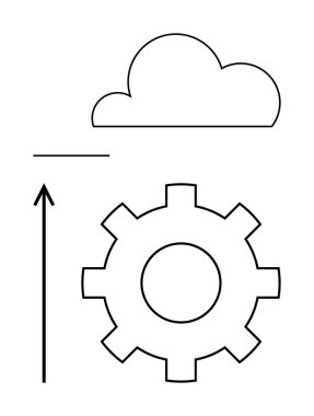 Yukarı ok ile dişlilerin üstünde bulut. Teknoloji, büyüme, yenilik, ilerleme, gelişme, verimlilik, bağlantı hattı metaforu için ideal