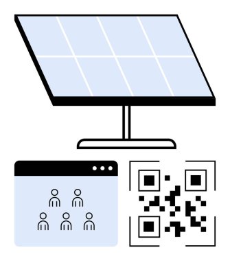 Bir stantta güneş paneli, altı avatarla kullanıcı arayüzü ve QR kodu. Yenilenebilir enerji, dijital araçlar, veri paylaşımı, takım bağlantısı, uzaktan çalışma, sürdürülebilirlik soyut çizgi için ideal