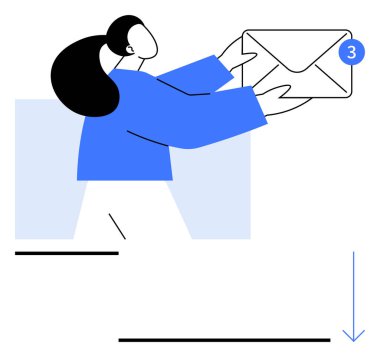 Elinde bir zarf tutan bir kadın. Uyarı uyarısı 3 numara tarafından vurgulanmış. İdeal ileti uygulamaları, e- posta servisleri, iletişim araçları, bildirimler, güncellemeler, dijital etkileşim, soyut