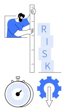 Yığılmış risk bloklarını ölçmek için cetvel kullanan adam kronometre ve teçhizatı aşağı doğru ok ile kullanmak aciliyeti ve verimliliği gösterir. Risk değerlendirmesi, yönetim, strateji, izleme ve iş süreci için ideal