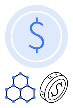 Dairesel simge içinde para birimi sembolü, zincir ızgara yapısı ve üç boyutlu bozuk para. Finans, teknoloji, engelleme zinciri, kripto para birimi, fintech, yatırım ödeme sistemleri soyut hat için ideal