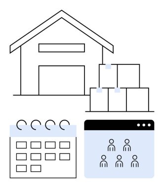 Yığınlanmış kutuları olan depo, işaretli tarihleri olan takvim, takım simgeleriyle web arayüzü. Lojistik, envanter, takvim, takım çalışması, üretkenlik, soyut çizginin planlanması için ideal düz metafor