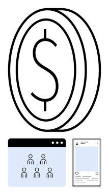 Dolar parası, kullanıcı ağı sitesi ve çevrimiçi finans, toplum ve sosyal aktiviteyi sembolize eden hareketli sosyal arayüz. Para, bankacılık, ağ, fintech kripto para birimi ekonomisi için ideal