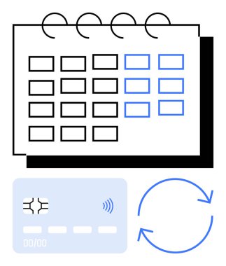 Ödeme kartıyla takvim ızgarası ve yinelenen döngüleri temsil eden dairesel oklar. Mali planlama, abonelikler, ödeme programları, otomasyon, fatura döngüleri, gider yönetimi için ideal