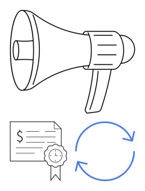 Megaphone representing announcement, document with ribbon symbolizing certification, recycling arrows for continuous process. Ideal for marketing, communication, certification, sustainability clipart