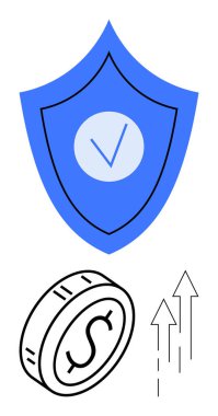 İşaretli mavi kalkan, bozuk para ve yukarı bakan oklar. Finans, güvenlik, yatırımlar, koruma, büyüme sigortası fintech için ideal. Soyut çizgi düz metafor