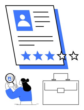 Kişisel profil özgeçmişi, dört yıldızlı özgeçmiş, büyüteçle fotoğraf çeken bir kadın ve profesyonel kariyeri temsil eden bir çanta. İdeal İK, işe alım, iş arama, kariyer