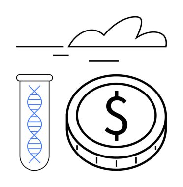 Para ve DNA test tüpü bir bulutun yanında. Biyoteknoloji, yatırım, yenilik, finans, bilim, araştırma ve sürdürülebilirlik için ideal. Soyut çizgi düz metafor