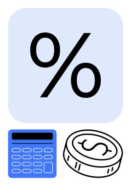 Mavi karede yüzde işareti, mavi hesap makinesi ve dolar parası. Finans, bankacılık, bütçe, muhasebe, yatırım eğitimi ve krediler için idealdir. Satır metaforu