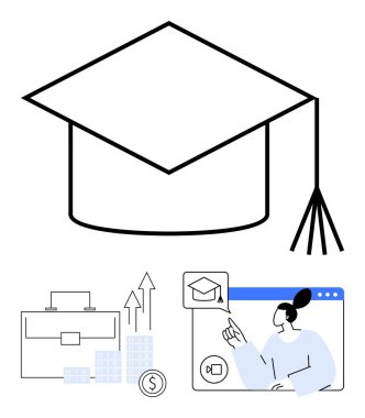 Graduation hat, business briefcase, growth charts with dollar sign, and person attending a virtual class on a computer screen. Ideal for online education, e-learning, business growth, virtual clipart