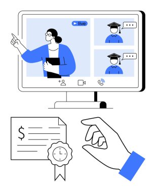 İnternette öğretmenlik yapan kadın eğitmen, ekranda sohbet ikonlarıyla izleyen iki mezun. Diplomayı mührle sunuyor. Çevrimiçi eğitim, sanal olaylar, uzaktan öğrenme, e-öğrenme için ideal