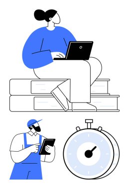 Dizüstü bilgisayar kullanan bir kadın tablet kullanan bir işçi ve verimliliği vurgulayan bir kronometre kullanıyor. Üretkenlik, zaman yönetimi, uzaktan çalışma, öğrenme, takım çalışması, iş gücü için ideal