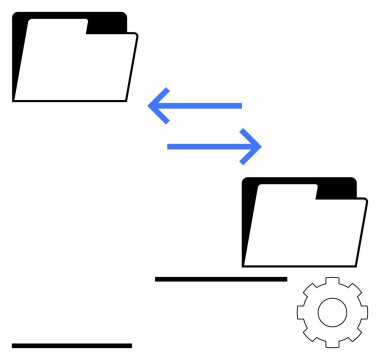İki klasör mavi çift yönlü oklara bağlı ve dişli sembolü var. Veri paylaşımı, sistem eşgüdümü, dosya organizasyonu, dijital iş akışı, teknoloji hizmetleri, bilişim sistemleri, soyut çizgi