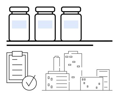 Üç ilaç şişesi, işaretli kontrol listesi ve şehir binaları vektör sanatı. Sağlık hizmetleri lojistiği, tedarik zinciri, eczacılık, tıbbi planlama, uyum, kentsel altyapı için ideal