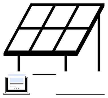 Performans takibi için dizüstü bilgisayara bağlı bir destek yapısındaki güneş paneli. Yenilenebilir enerji, sürdürülebilir teknoloji, eko-çözümler, veri izleme, temiz güç, yeşil yenilik için ideal