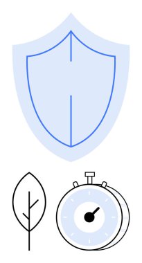 Mavi kalkan, kronometre ve minimum yaprak dizaynı güvenlik, çevre dostu ve zaman tasarrufu olduğunu gösteriyor. Sürdürülebilirlik, verimlilik, doğa, zamanlama koruma ekolojik farkındalık modern soyut