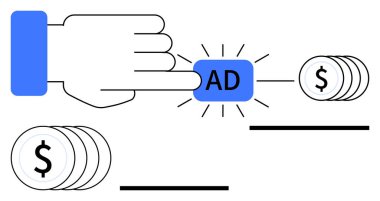 El basma düğmesi, madeni para yığınları gelir artışını simgeliyor. Çevrimiçi pazarlama, tıklama başına ödeme, dijital reklam, iş kârı, ROI, e-ticaret, soyut düz çizgi metaforu için ideal