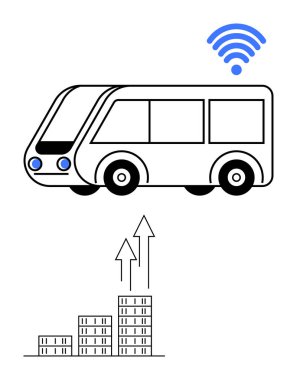 Kablosuz sembollü gelecekçi akıllı otobüs, gelişim için yükselen oklarla dolu bar grafiği, bağlantı. Akıllı ulaşım, yenilik, veri, büyüme, hareket kabiliyeti, teknoloji soyut çizgisi için ideal