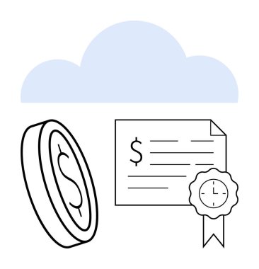 Dolar işaretli sikke, dolar miktarında sertifika ve saat sınırlı mühür, üstünde mavi bulut. Finans, bulut hizmetleri, çevrimiçi işlemler, sertifikalar, tasarruflar, dijital ekonomi için ideal