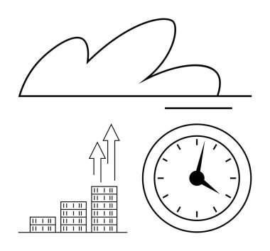 Bulut tepesinde, çubuk grafiğini yukarı doğru oklarla istiflemek, ve saat izleme süreci ve verimliliği. Ticari büyüme, üretkenlik, zaman, bulut hesaplama, yenilik, analitik soyut çizgi için ideal