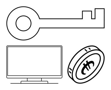 Dijital güvenlik anahtarı, bilgisayar monitörü ve kripto para. Siber güvenlik, çevrimiçi finans, engelleme zinciri, dijital işlemler, ağ koruması, bilişim hizmetleri ve İnternet güvenliği için ideal