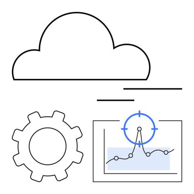 Teçhizatlı bulut simgesi, veri tablosu, odak noktası. Bulut hesaplama, analitik, depolama çözümleri, teknik süreçler, yenilik, iş akışı planlama soyut çizgi düz metaforu için idealdir