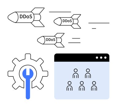 Kullanıcı arayüzünü hedef alan DDoS füzeleri, güvenlik önlemlerini sembolize eden araçlarla donatılmış. Siber tehditler, çevrimiçi güvenlik, ağ kesintileri, sistem koruması, bilişim riskleri, karşı tedbirler için ideal